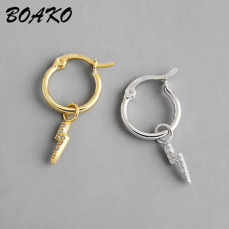 

BOAKO Tiny CZ Lightning Pendant Stud Earrings For Women Punk Huggie Jewelry 925 Sterling Silver Earrings Wedding Party Earings