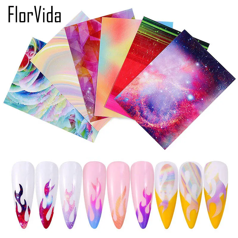 FlorVida 6 шт. комплект пламени наклейки для ногтей украшения набор 3D дизайн ногтей Наклейка огненное пламя накладные ногти клей