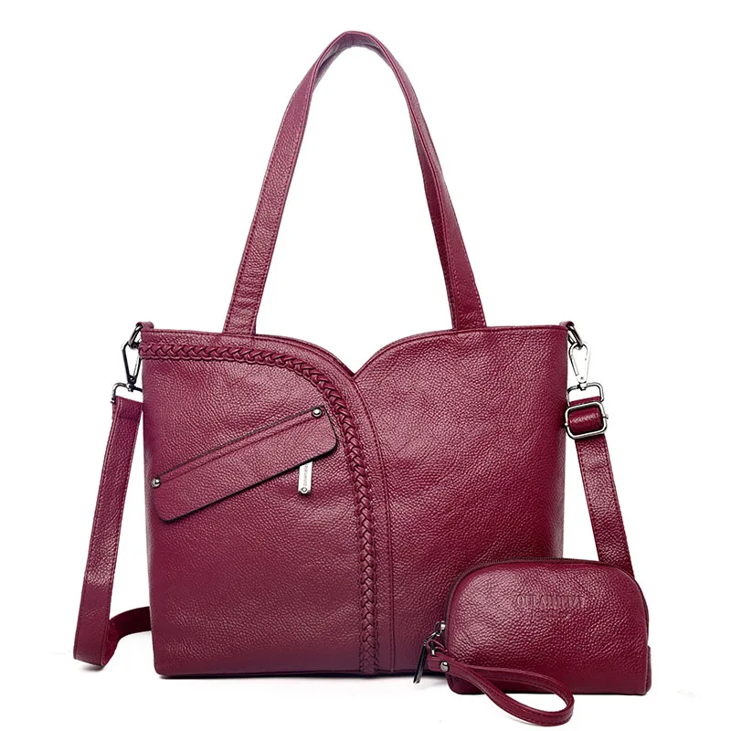 2 комплекта женские вязаные сумки на плечо из натуральной кожи кошельки и сумки Большая вместительная сумка Роскошные сумки через плечо для женщин - Цвет: Красный