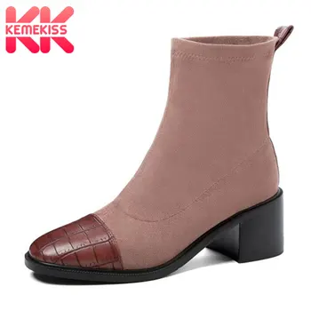 

KemeKiss Plus Size 32-46 Women Ankle Boots Square Toe Thick Heel Slip On Shoes Patchwork Shoes Female Footwear Fashion Boots