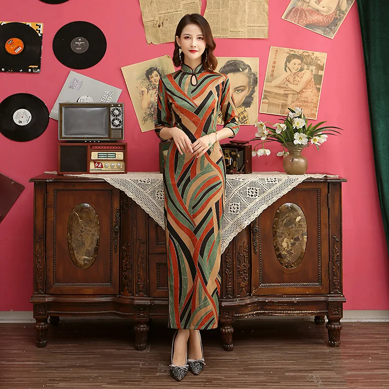 Длинные Cheongsam Новинка китайский стиль платье женские атласные тонкие вечерние платья ручной работы на пуговицах Vestido Размер M-4XL