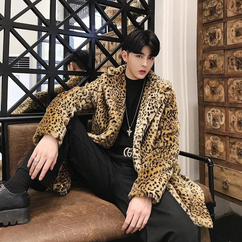 

Leopard Print Long Coat Fashion Designer Faux Fur Men Jacket Winter Jaqueta Motoqueiro club mens outfit