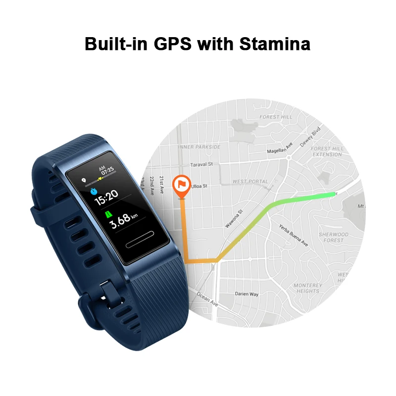 Смарт-браслет HUAWEI Band 3 Pro со встроенным gps 0,9" AMOLED экраном 12 дней с аккумулятором, фитнес-трекер, монитор сердечного ритма, 5 АТМ, BT4.2