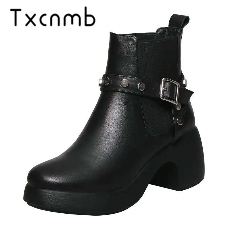 

TXCNMB Quality High Heels Genuine Leather Party Shoes Woman Autumn Winter Ankle Boots Platform Motorcycle Boots
