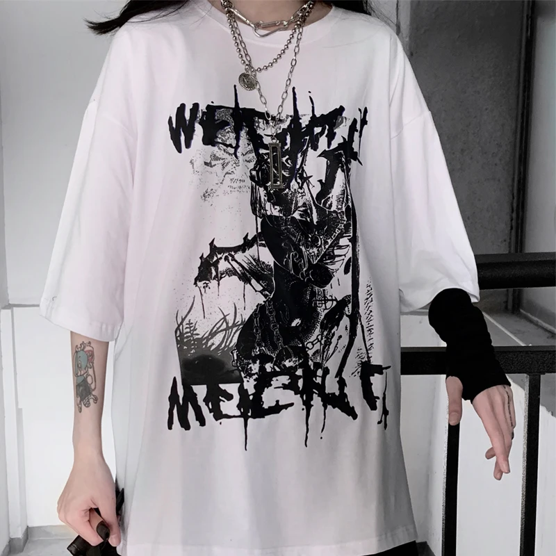 

Cotton Goth Anime Dark Print Loose OverSized Women T-Shirts Punk Grunge Korean Style Top Harajuku Y2K Dropshipping Black Clothes