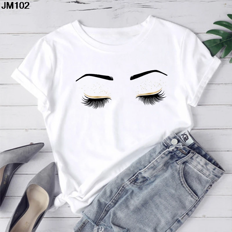 

Fashion Art Eyelashes Print Tshirt Women Princess Makeup Graphic Tee Personality Hipster Summer Harajuku Woman Top White T-shirt