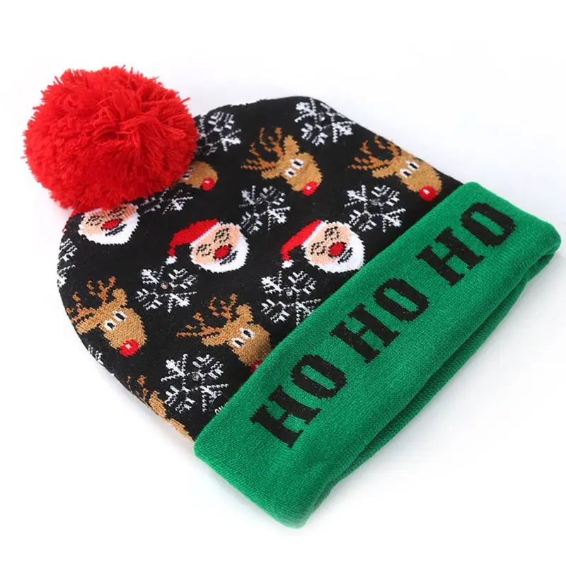Рождественская вязаная шапка с манжетами, светодиодный головной убор с разноцветными огнями для взрослых и детей, B0KD