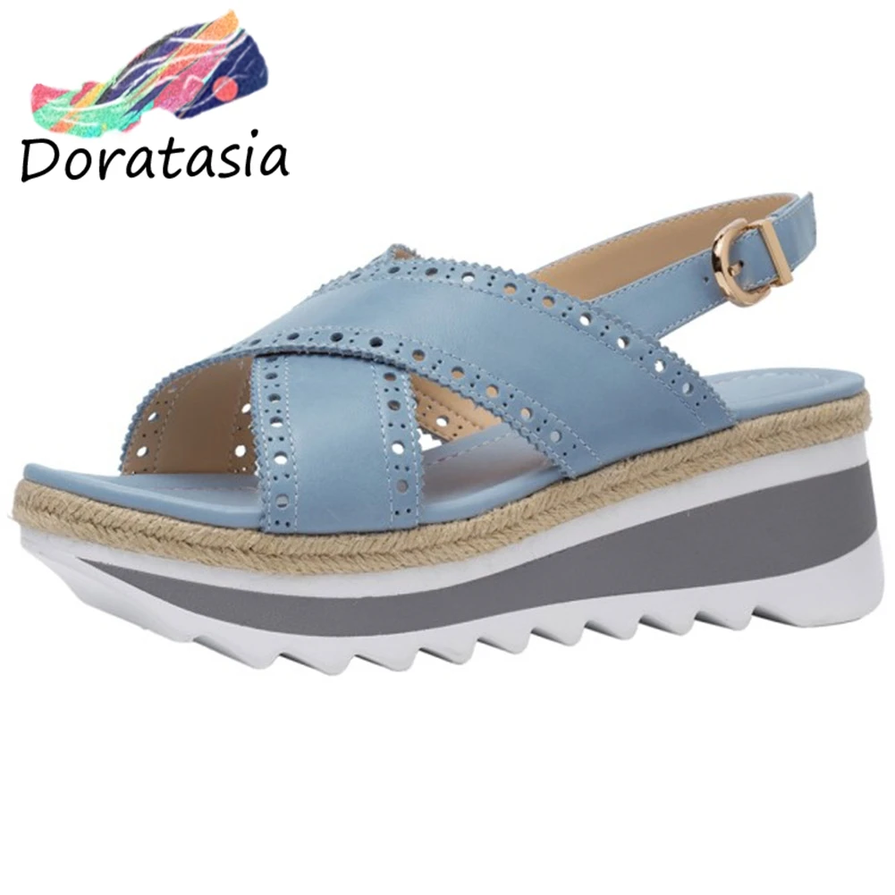 

DORATASIA Fashion Fretwork Genuine Leather Shoes Comfy Wedges Sandals Women New Classic mixed-color Platform Sandals