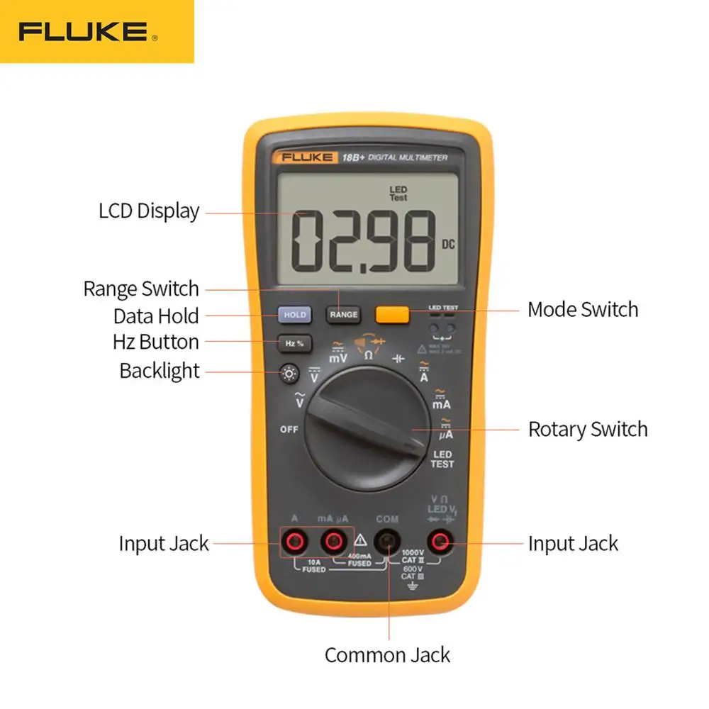 Fluke 18B+ светодиодный тестер переменного/постоянного напряжения и тока цифровой мультиметр