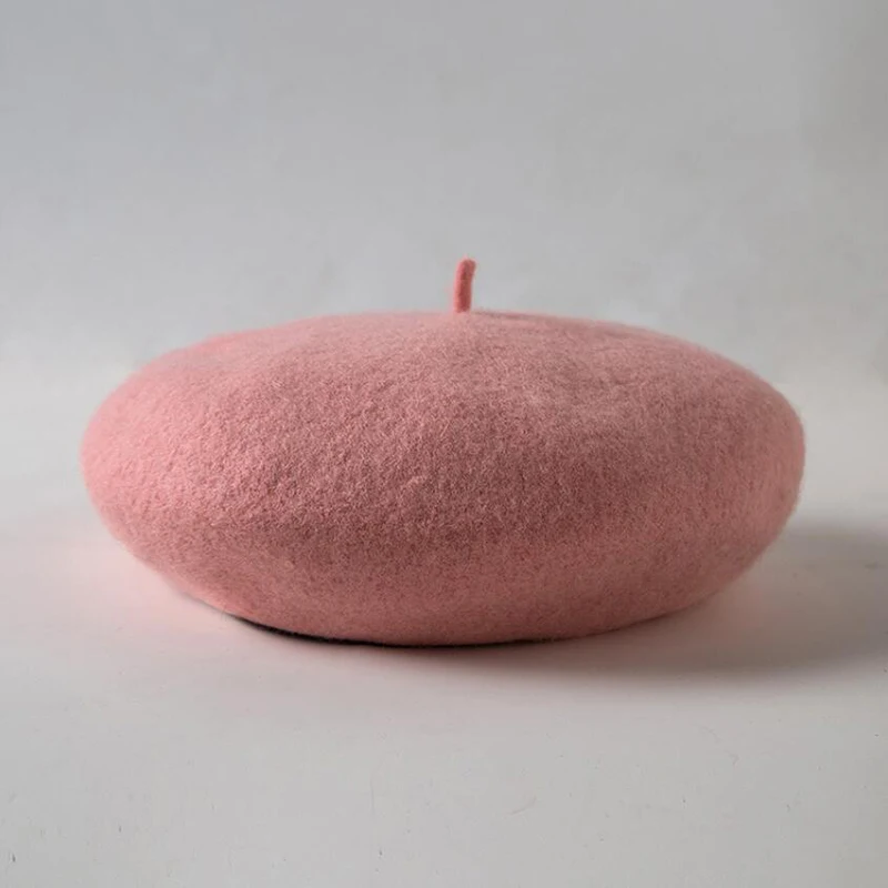 light pink Шерстяные береты, шапки для женщин, зимняя французская шапка для девочек, одноцветная модная Осенняя зимняя беретка, шапка для женщин, плоская кепка, шапка, фетровые береты - Цвет: light pink