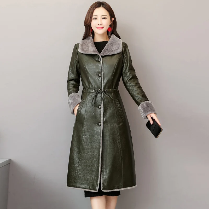 Женская меховая кожаная куртка зима осень размера плюс 4XL длинный меховой кожаный плащ женский теплый мягкий тонкий мех ягненка верхняя одежда - Цвет: Зеленый