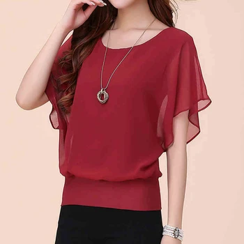 

summer new chiffon women blouse ruffles solid bat-wing sleeved large size 4XL 5XL slim office lady elegant pulls outwear tops
