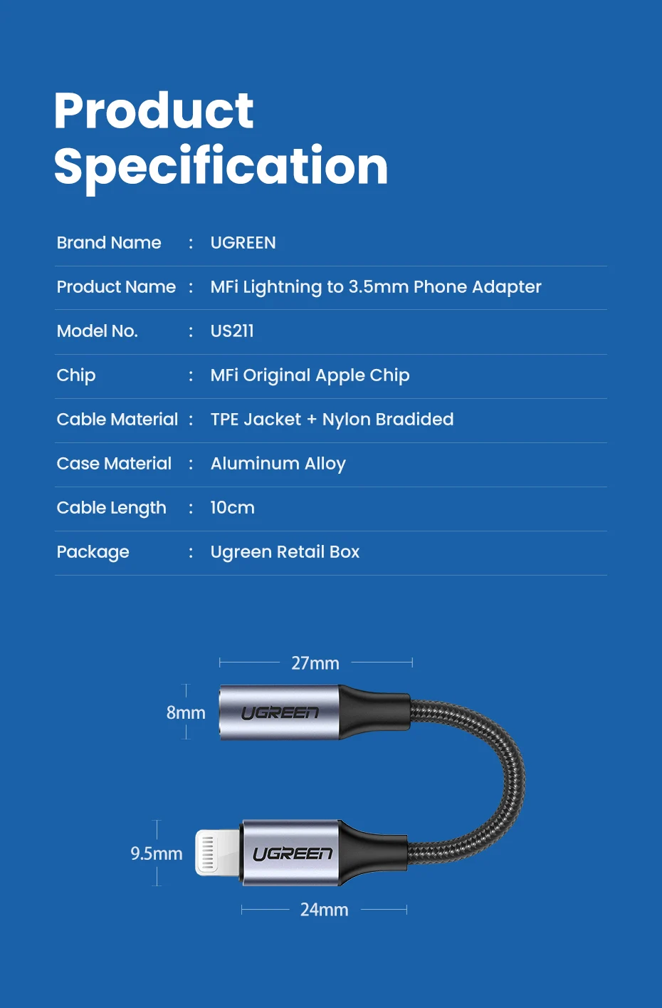 Ugreen Lightning to 3.5mm Jack Adapter MFi Certified Nylon Braided Pakistan BrandTech.pk