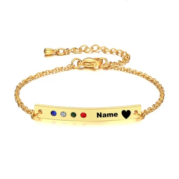 

Birthstone Bracelet Personalized Engraved Name Bar Bangle Adjustable Gold Chain Mom Sister Colorful Stone Jewelry