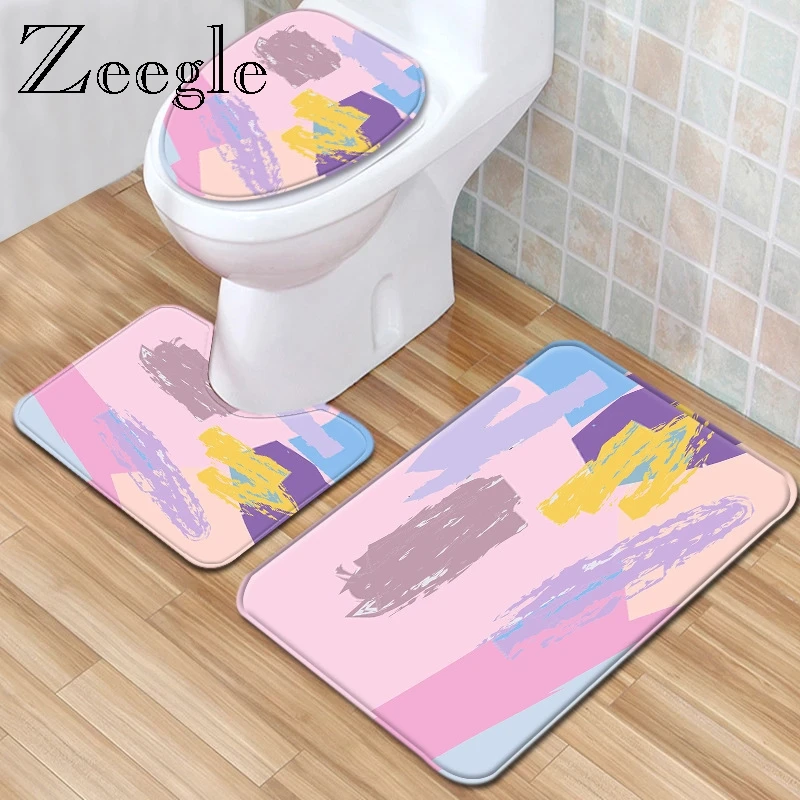 Zeegle Printed Bath Mat Set 3pcs Shower Room Mat Suit Water Absorption Bathroom Floor Mat Toilet Seat Cover Flannel Foot Rug