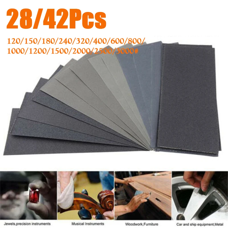 28/42Pcs Mixed Sandpaper 9x3.7inch Dry And Wet Sanding Paper(120-3000 Grit