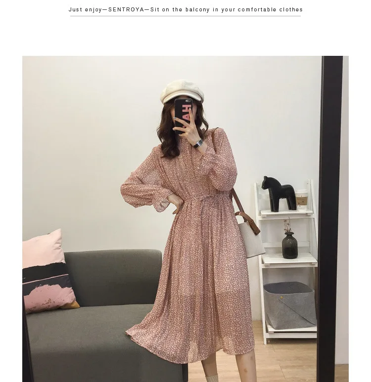 Loose-Fit Stand Collar Floral-Print Chiffon Long-sleeved Dress Autumn And Winter Women's Large Size Slimming Medium-length A- li