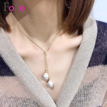 

FoLo 2020 New Arrival Romance Pendant For The Sweetness of A Woman With White Baroque Pearls Stainless Steel Love Knot Necklace