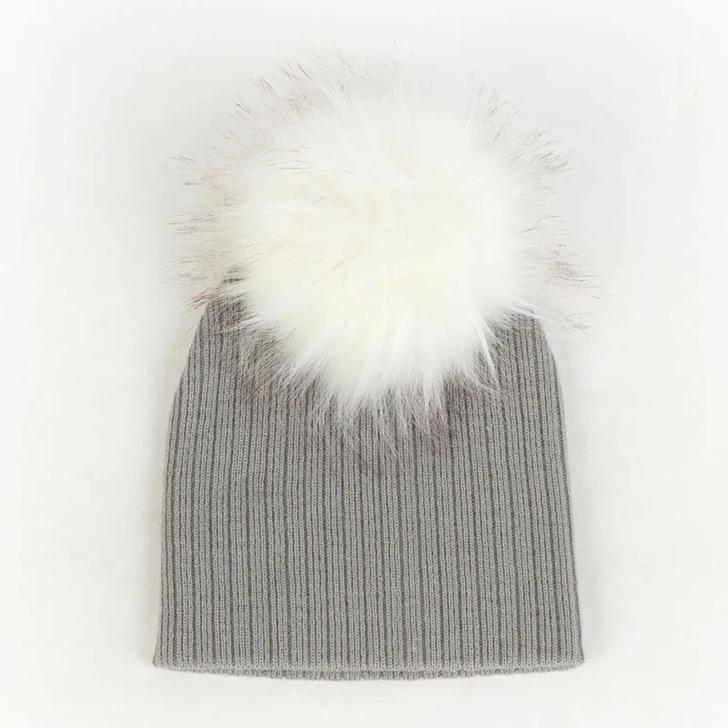 Light Gray22 Autumn Winter Newborn Baby Girls Boys Kids Soft Cute Wool Hats Solid Color Ribbed Beanies Hats with Faux Fur Pompom Baby Hat - Цвет: Light Gray22