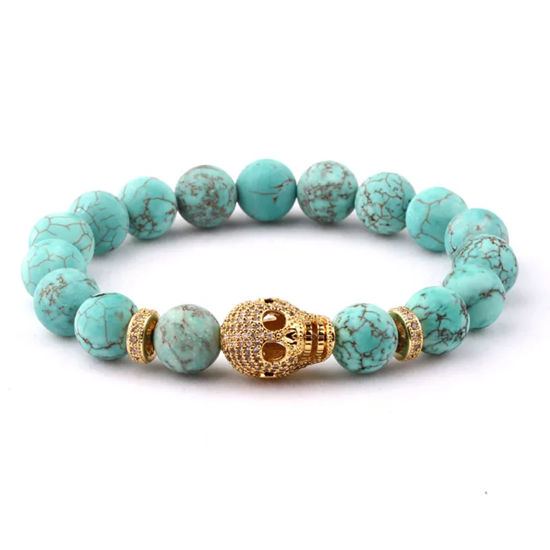 New Fashion Natural Stone Beads Women Jewelry Bracelet Large CZ Pave Skull Charm Beaded Elastic Bracelet Bangle Women Lady
