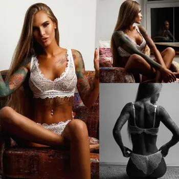 

Women Sexy V-Neck Lace Floral See Through Two Piece Lingerie Set underwear Bikini Set Beachwear Bikini Cover Up