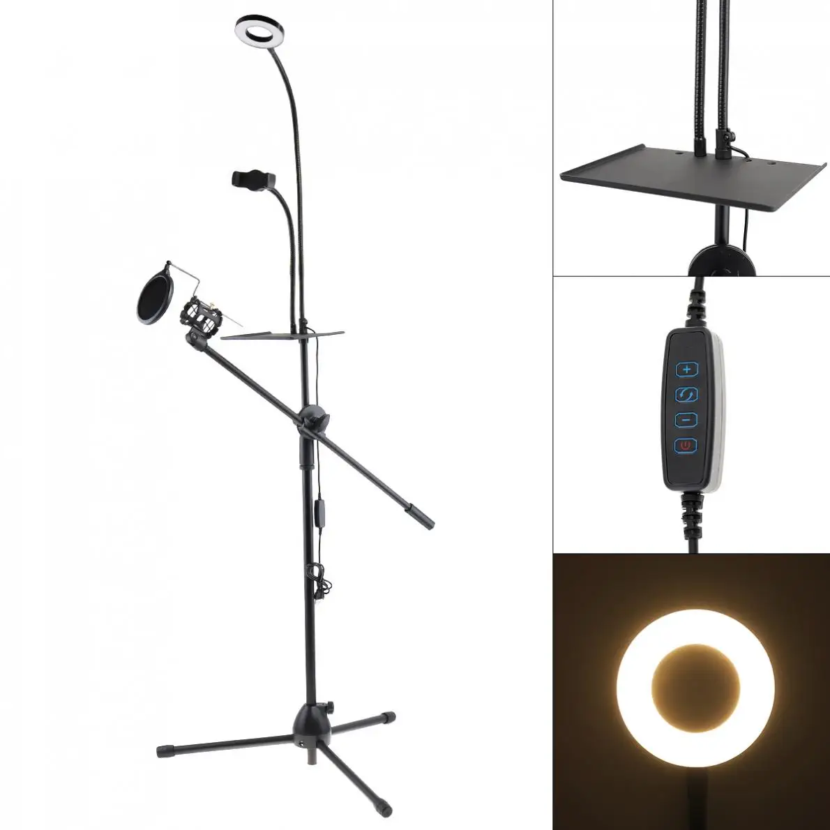 

Multifunction Live Broadcast Gooseneck Cell Phone Holder Bracket Tripod with Selfie Ring Light and Microphone Stand Pop Filter