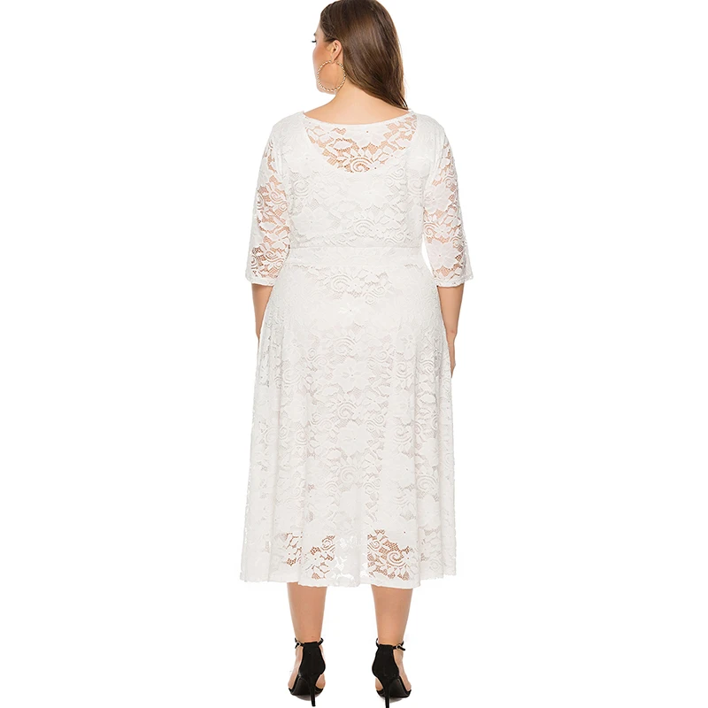 EaseHut, 5XL, 6XL, большой размер, платье для женщин, элегантное, цельное, с круглым вырезом, с коротким рукавом, тонкое, с вырезом, черное, белое, вязаное, кружевное платье