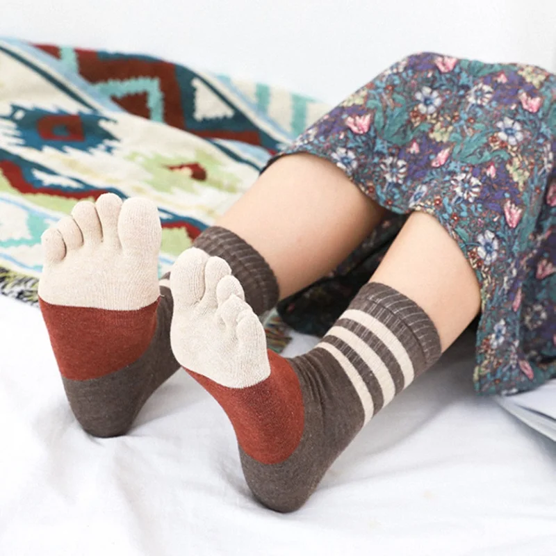 Модные женские хлопковые носки с отдельными пятью пальцами ног в полоску толстые теплые Повседневные носки