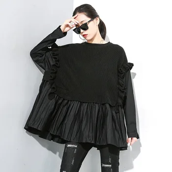 

Korea 2020 Winter New Stitching Sets Of Ruffled T-shirt Personality Large Size Round Neck Long-sleeved Bat Shirt Women PC056