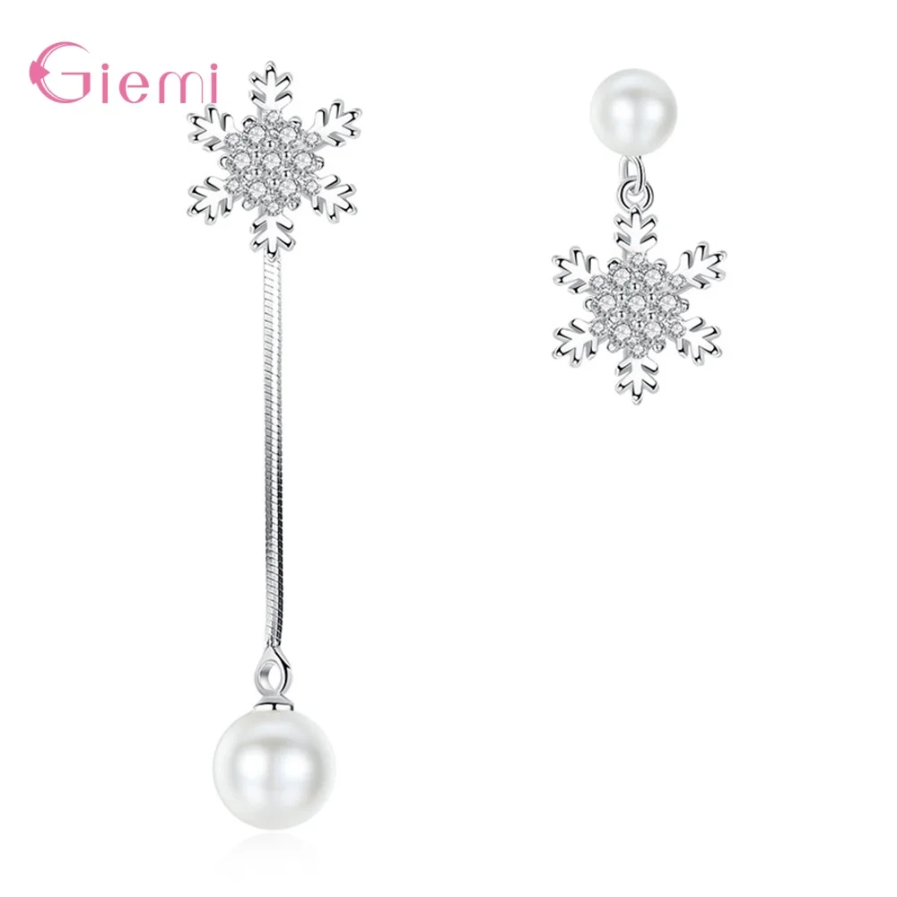 

925 Silver Particular Beautiful Snowflakes Nice Bright Bead Asymmetrical Drop Earrings For Women Wholesale Jewelry