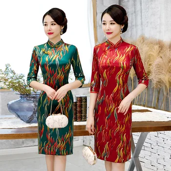 

Classic East Print Flower Chinese Lady Cheongsam Velour Sexy Traditional Lady Wedding Party Dress Oversize 4xl Vestidos
