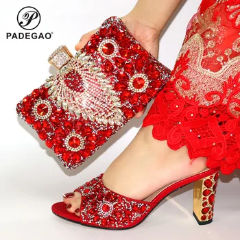 

High Quality Mid Heels with Crystal for Wedding Party in Red Color New Arrivals Italian Women Shoes and Bag to Match