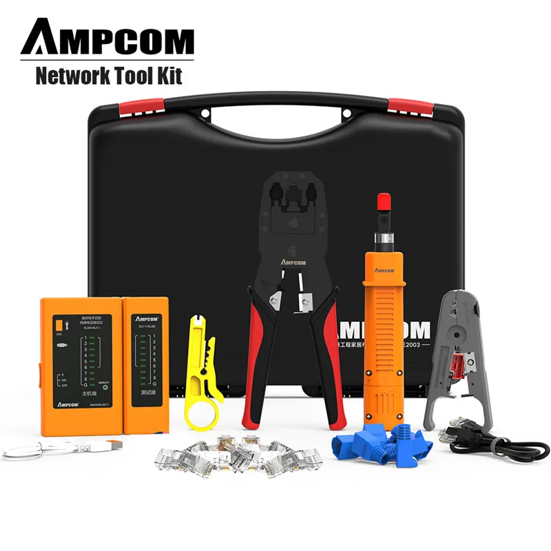 Network Tool Kit, AMPCOM 11 in 1 Professional Portable Ethernet Computer Maintenance LAN Cable Tester Repair Set