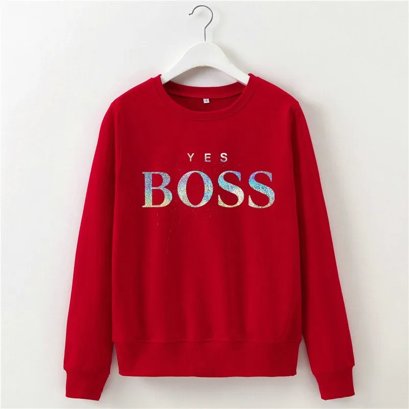 Aimsnug, женские свитшоты, Женская Повседневная Толстовка с капюшоном и надписью BOSS, пуловер с длинным рукавом, топы, Sudadera Mujer, пуловер - Цвет: Red-Shiny word