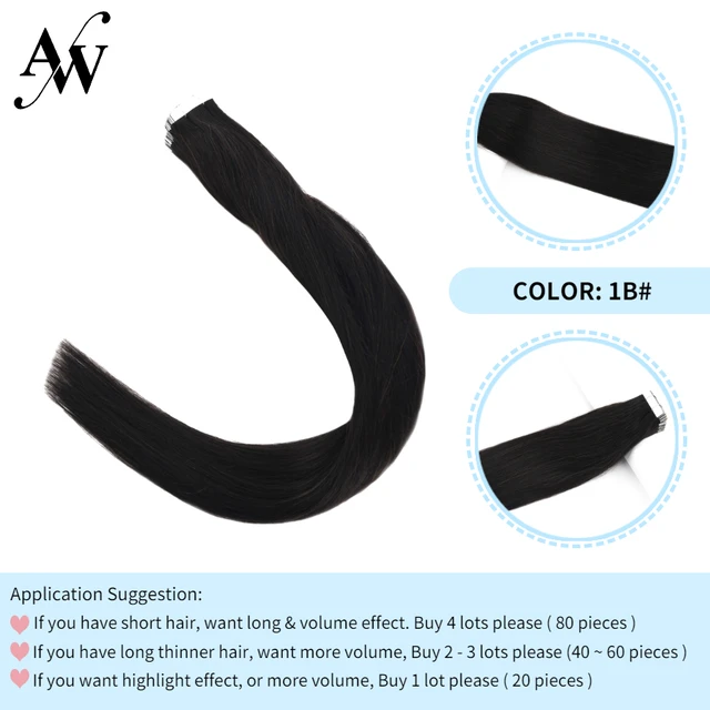 AW 12''-28'' Tape In Human Hair Extensions Straight Seamless Invisible Natural Machine Made Remy Adhesive Glue On Hair Extension #1B