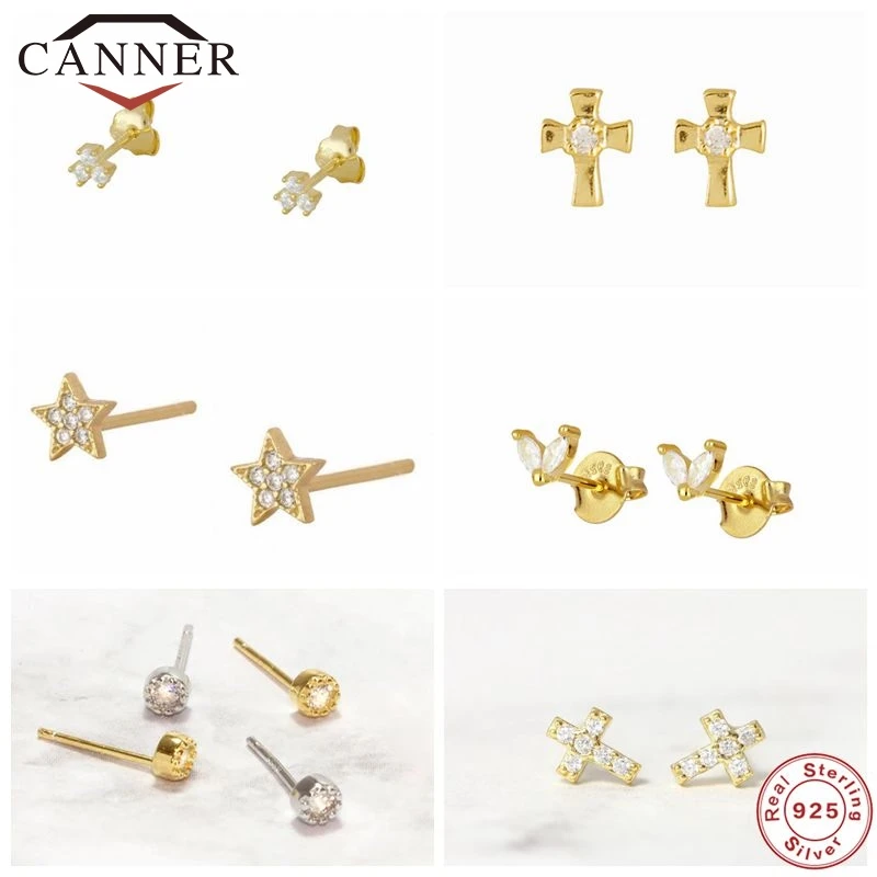 CANNER 100% de Plata de Ley 925 Zircon CZ Stud pendientes para las mujeres las niñas Piercing de Color oro pendientes de la joyería pendientes de botón pendientes