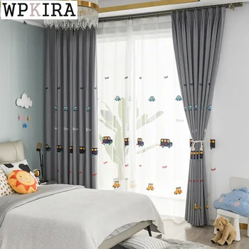 

Cartoon Car Curtain for Kids Boy Room Bedroom Embroidery Shading Curtain for Living Room Linen Drape Fabric Window S477#40