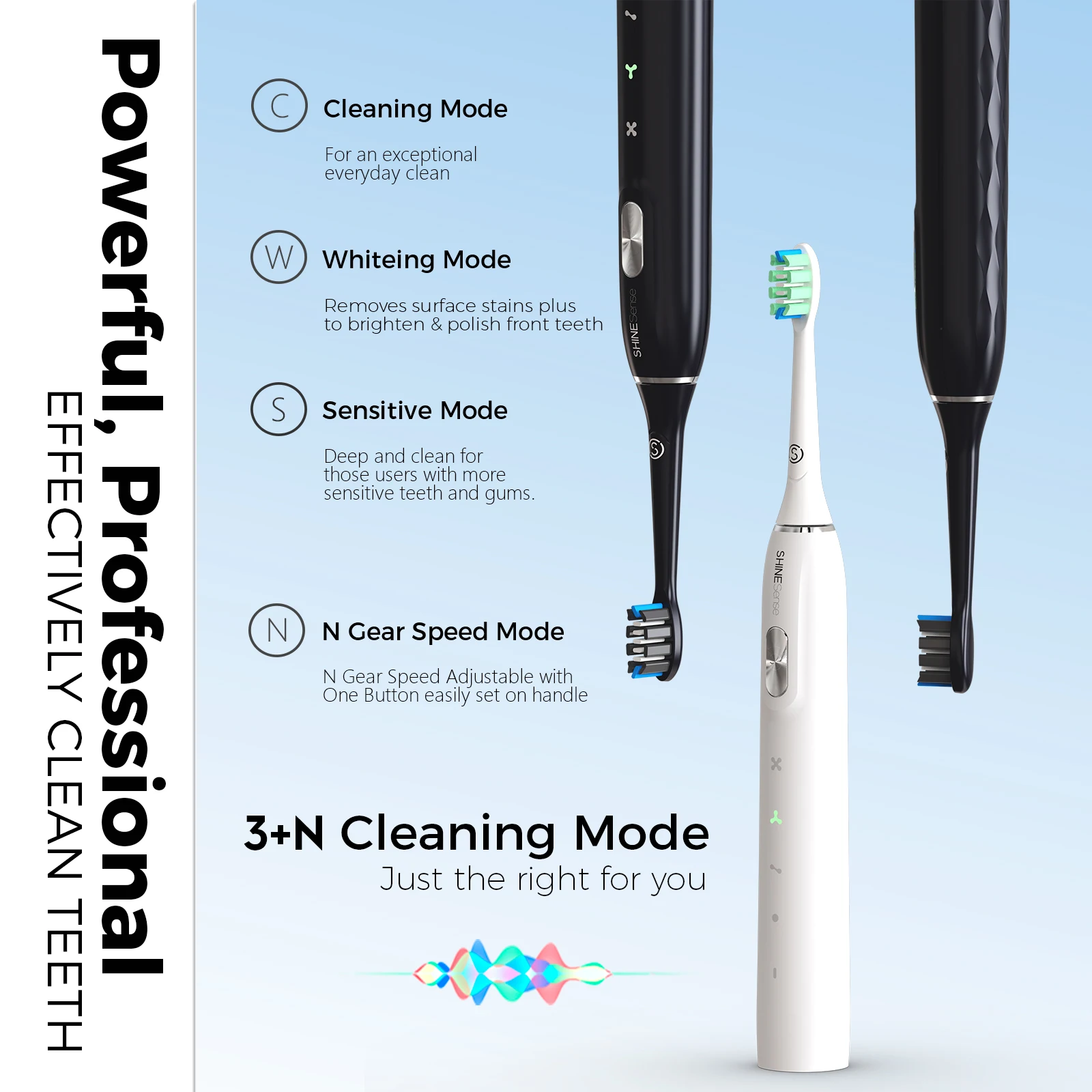ShineSense Electric Sonic Toothbrush STB800 USB Rechargeable Adult Waterproof Electronic Tooth 8 Brushes Replacement Heads