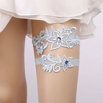 

Blue Rhinestone Lace Wedding Garters Set Embroidery Floral Sexy Garters for Women/Female/Bride Bridal Garter Leg Ring