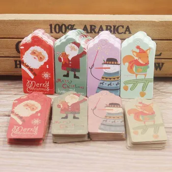 

100pcs/lot Christmas Paper Tags Santa Claus Squirrel Paper Labels Packaging Gift Price Hang Tag Merry Christmas Card Rope