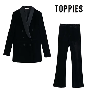 

Black Velvet Suit Set Women Double Breasted Blazer High Waist Slim Flare Pants 2019 Winter Ladies Office Two Piece Set