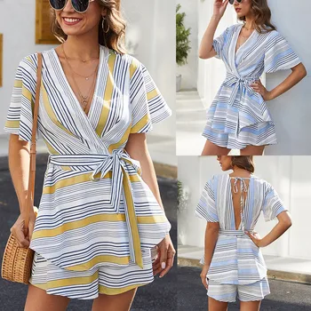 

2020 Elegant Striped Sexy Rompers Womens Short Sleeve V Neck Backless Short Jumpsuit Bow Casual Summer Playsuits