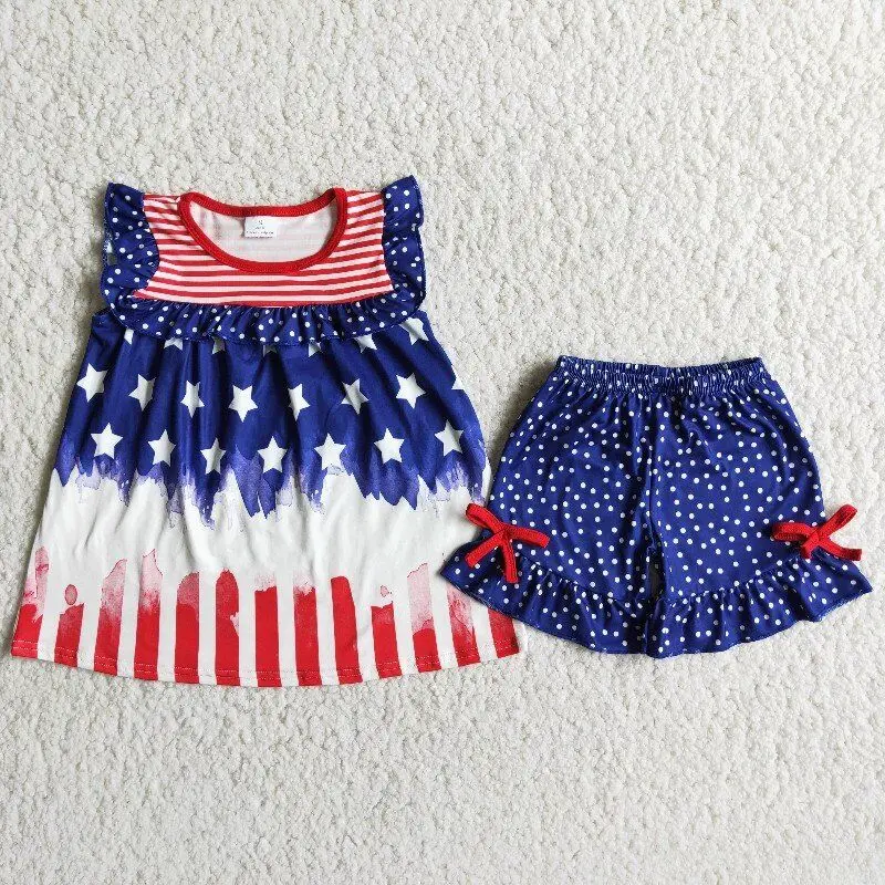 Girls Kids Clothing Picture Flag Design Lace Tunic Bow Dots Cotton Red Top Ruffle Stripe Shorts Set Children Summer | Детская одежда и