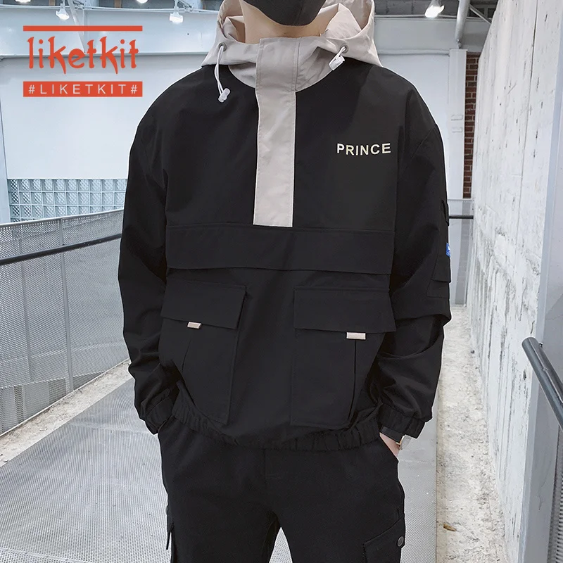 

Liketkit 2019 Mens New Casual Hooded Jackets Men Hip Hop Print Pullover Patchwork Jacket Male Oversized Bomber Autumn Streetwear