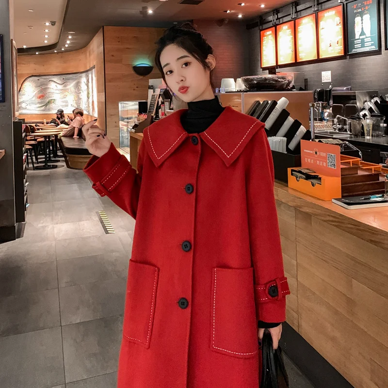 

2021 early spring new red wool mid-length section over the knee thin high-end woolen coat double-sided cashmere coat women