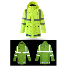 Защитный дождевик видимость Водонепроницаемый светоотражающий плащ с хлопковым пальто съемный капюшон Регулируемый защитный Дождевик куртка