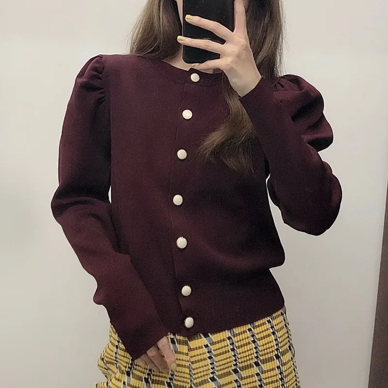 Premium Women Sweater Fall 2019 New Clothing V-Neck Full Puff Sleeve Tops Modern Lady Cardigans |