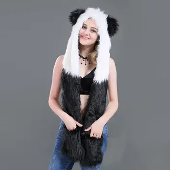 

Panda winter hats Cute Animal Hat Plush Beanie Fleece Winter Warm Fluffy Hooded Cap Earmuff Hat In stock Gray Wolf cartoon fur
