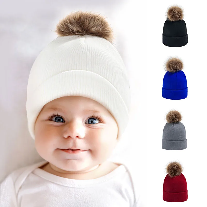 Tanio Duży pompon czapka dla niemowląt