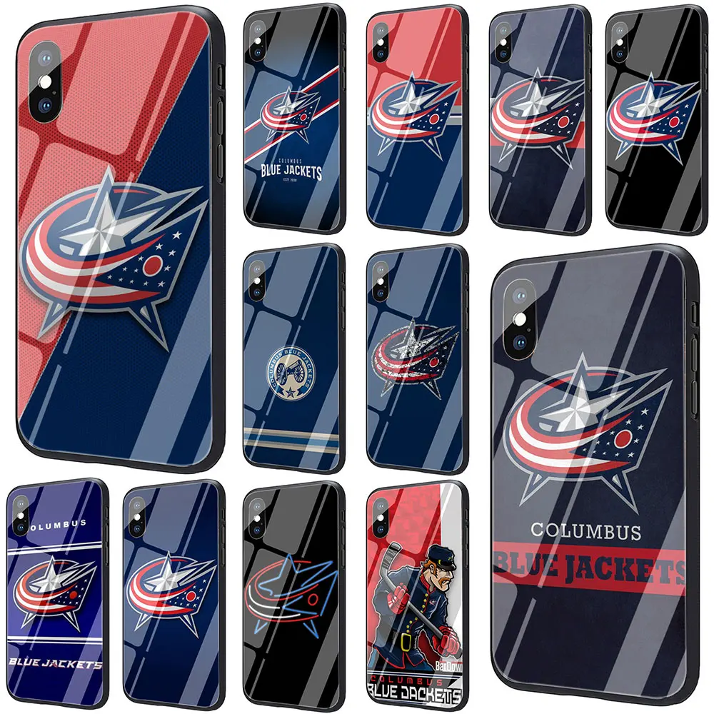 

EWAU Columbus Blue Jackets Tempered Glass Phone Cover Case For iPhone 11 Pro 6 6S Plus 7 8 Plus X XS XR XS Max